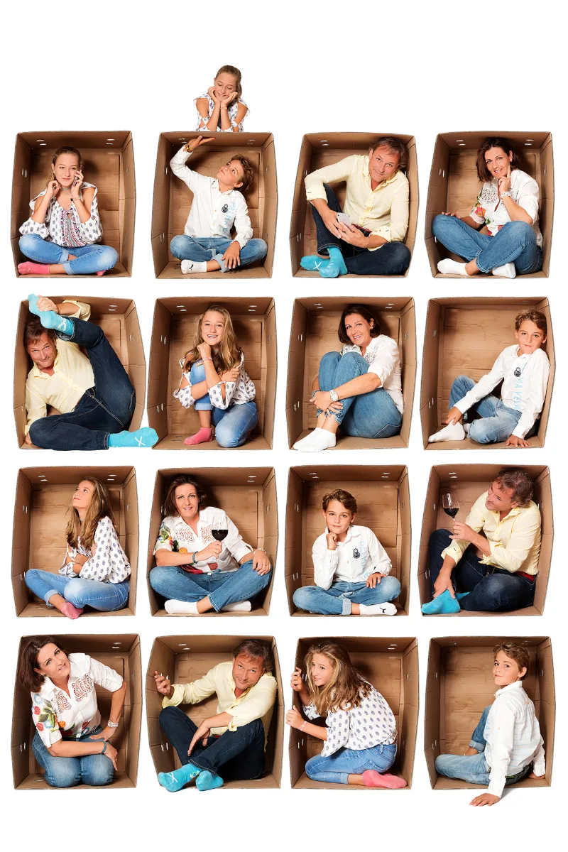 A playful montage of family members each sitting and posing inside a cardboard box