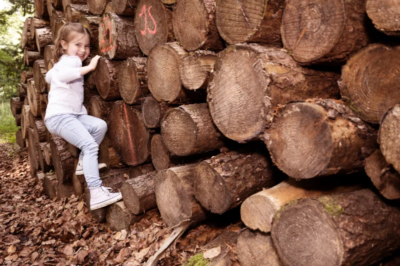 A little girl climbing a stack of forest logs, laughing towards the camera
