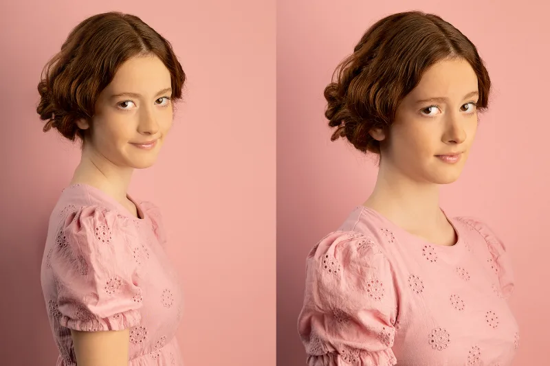 A double portrait of a young woman with wavy hair in a pink dress against a pink background