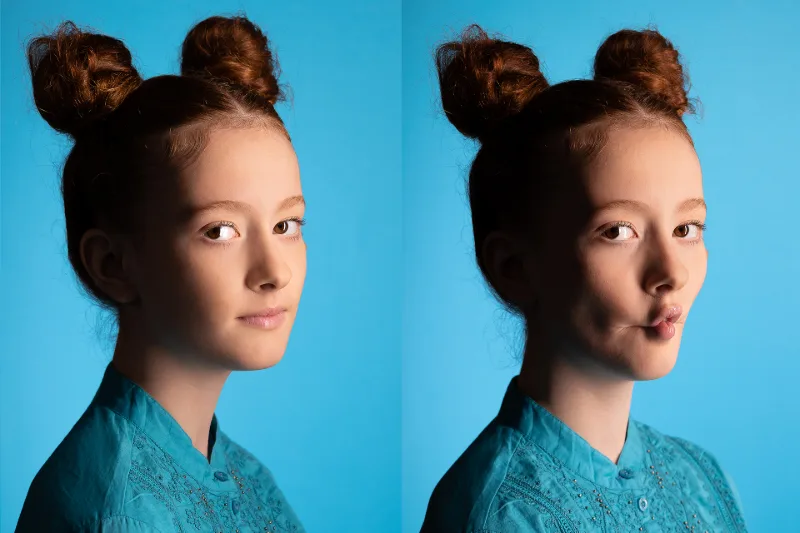 A double portrait of a girl with red hair in two buns, a turquoise blouse against a blue background