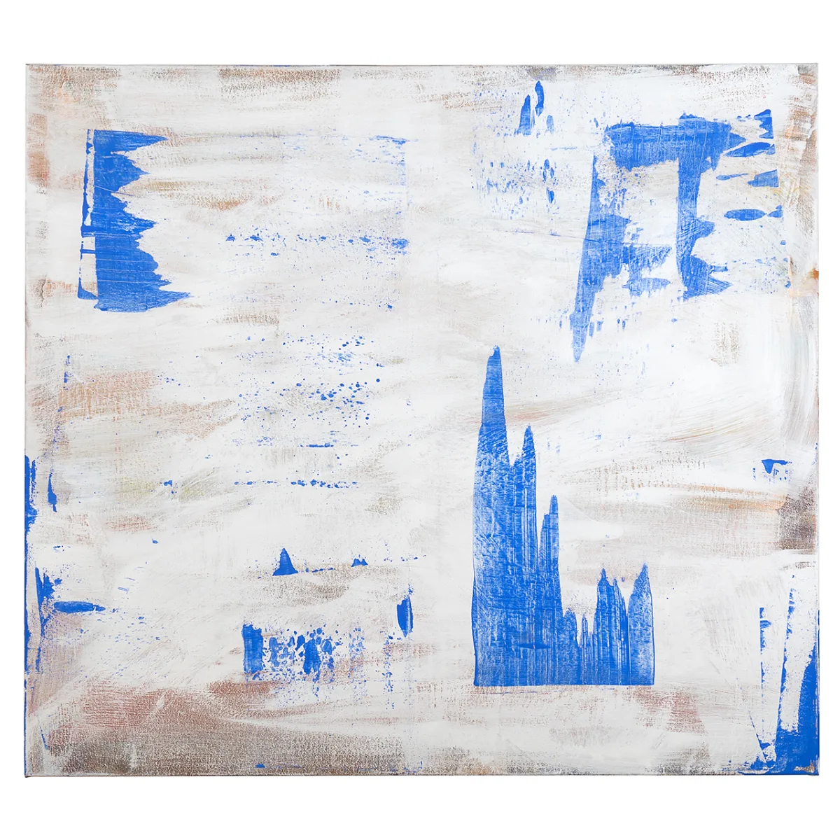 An abstract acrylic painting: blue brush marks on a white-beige texture